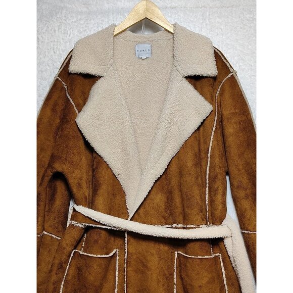 Cyrus Women’s Open Front Brown Coat  Inner Cream Fuzzy Size XL - Picture 2 of 9